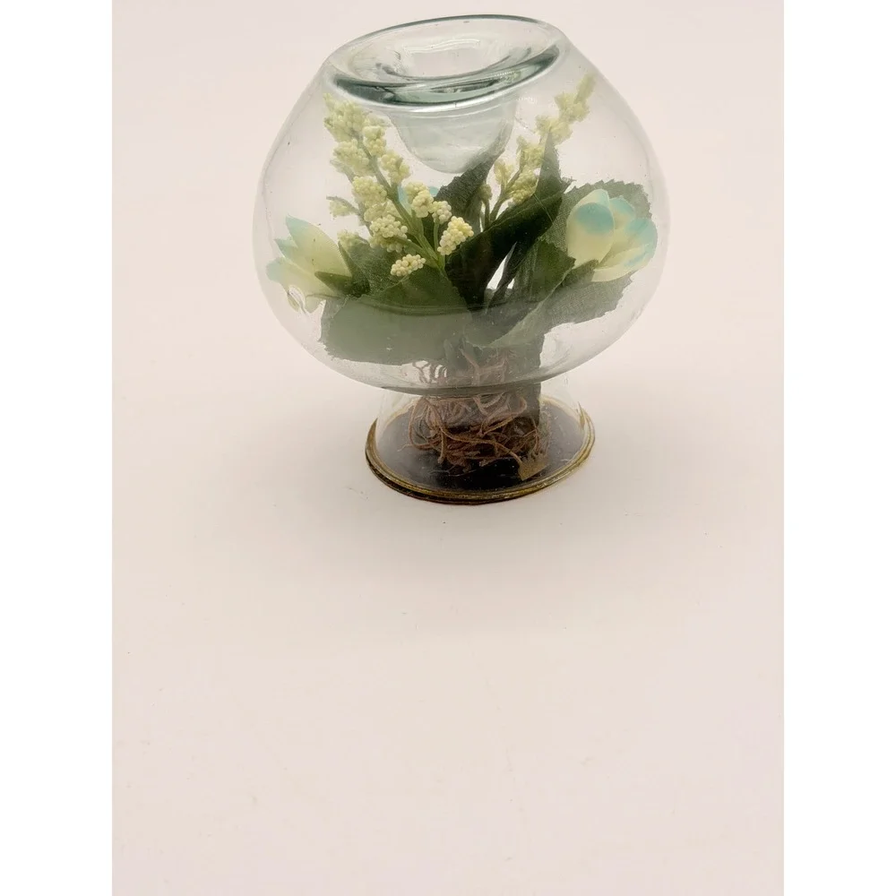 Vintage Glass Globe Terrarium Candle Holder Faux Floral Blue White Flowers 4.5in